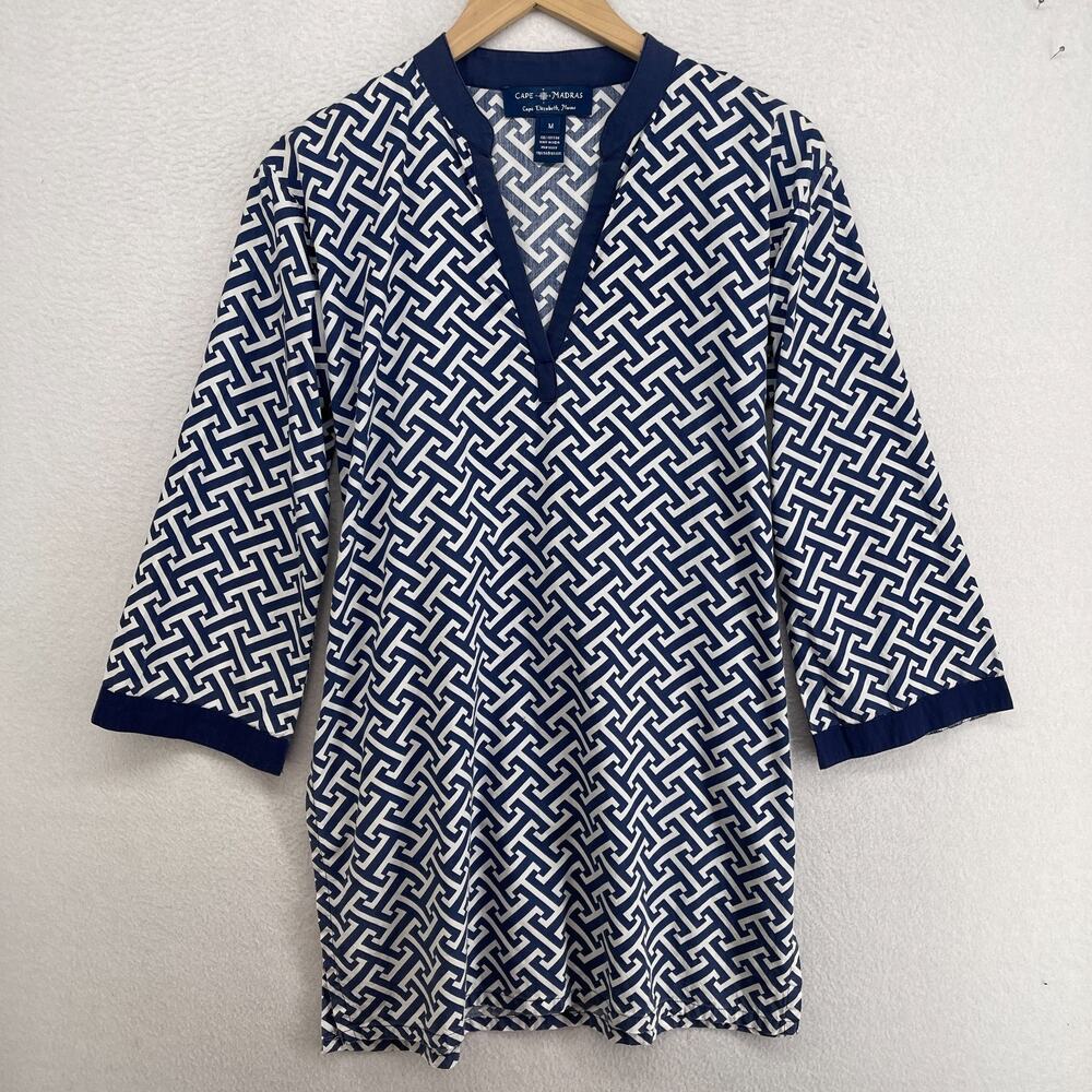 CAPE MADRAS Tunic Womens M Cape Elizabeth Maine V-Neck Geometric Cotton Blue